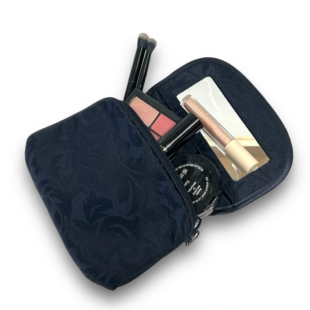 DIOR Midnight Blue Damask Cosmetic/Jewelry Bag Gold Tone Logo